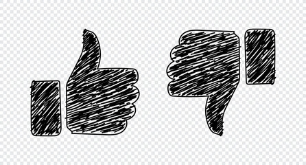Thumbs up and thumbs down. Like and dislike icons. Simple doodle thin line design. Hand drawn. Vector illustration