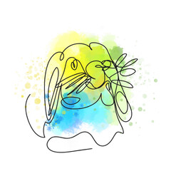 Portrait of a rabbit outline, one line illustration, on a watercolor