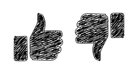 Thumbs up and thumbs down. Like and dislike icons. Simple doodle thin line design. Hand drawn. Vector illustration