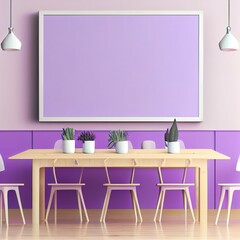 Large black horizontal canvas frame for a picture. A table and a bright wall in the color of Very Peri or Lavender. Decor and accent mockup art or blank. 3d rendering