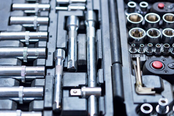 Kit of metallic chrome vanadium tools in workshop