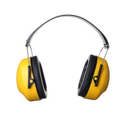 Modern hearing protectors on white background