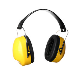 Modern hearing protectors on white background