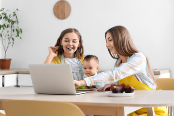 Happy lesbian couple with their little baby using laptop at table in kitchen