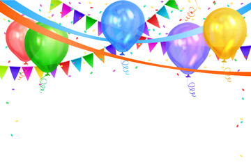 Border of realistic colorful helium balloons and flags garlands isolated on white background. Party decoration frame for birthday, anniversary, celebration. - 547012251