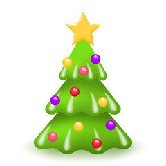 Christmas tree. Green pine or fir decorated with golden star, balls and garland isolated on white background. Merry Christmas and Happy New Year. Vector illustration.