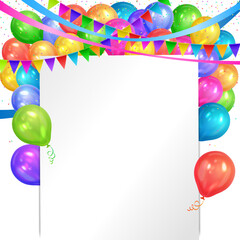 Happy Birthday design. Realistic colorful helium balloons, flags garlands and white sheet. Party decoration frame for birthday, anniversary, celebration. Vector illustration, eps 10 - 547012831