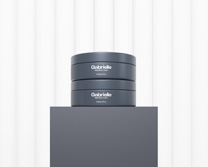 3d mockup navy blue color, cream bottle with podium