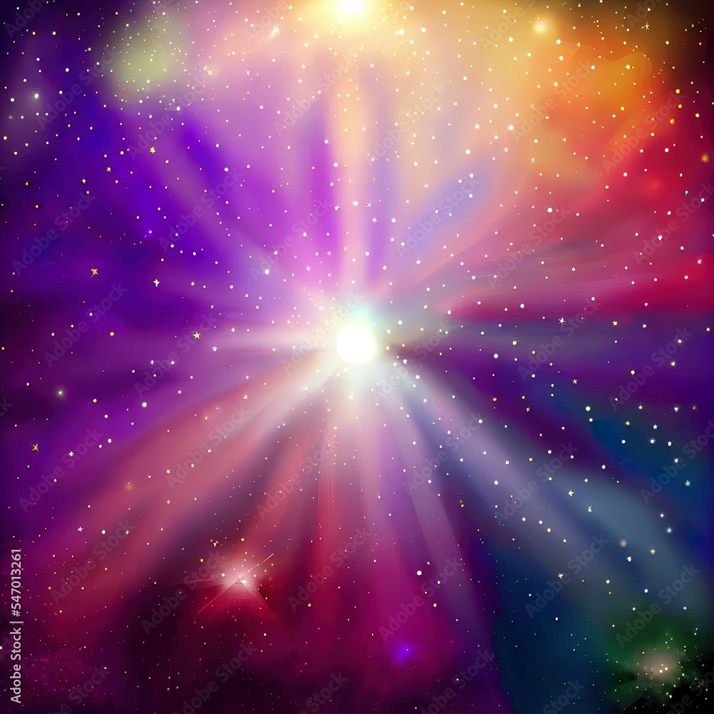 Poster background image multicolored lights with rays and stars in a distant galaxy. beautiful illustration