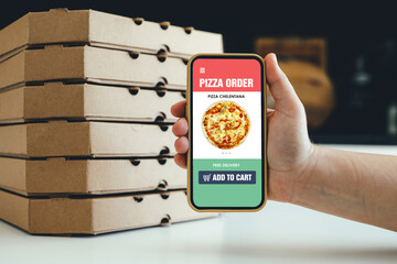 Pizza delivery and food app in phone. Online order restaurant take away. Lunch menu in cellphone...