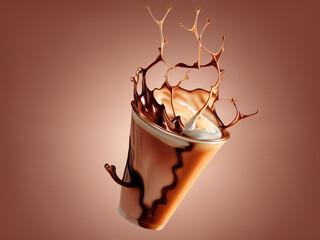 Fototapeta na wymiar Caramel Macchiato Latte Splashing Coffee with Chocolate, Coffee Beans