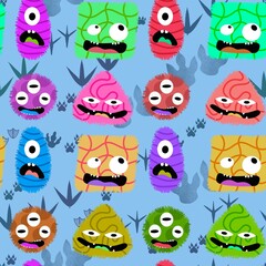 Fototapeta premium Cartoon doodle monsters seamless aliens and animals pattern for wrapping paper and fabrics and kids clothes
