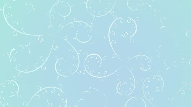 3d animation. Delicate patterns gradually appear or are drawn on a blue background. Abstract flowers or snow patterns on glass. Ornament with round swirls and twigs. Not a bright blue background.