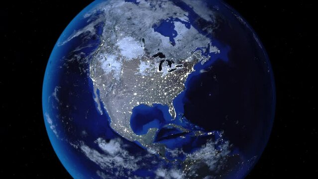 Zoom out of Canada through clouds to see the Earth from space.