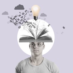 Young person with open book on head
