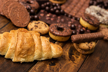 Large group of delicious pastries and chocolates