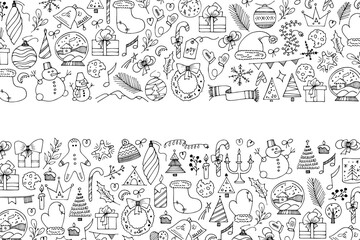 Vector hand drawn background. Christmas pictures in doodle style, New Year's illustrations for greeting card design, for design of a poster, banner, print.