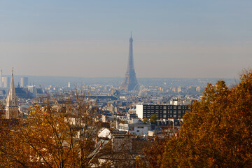 View of Paris and Eiffel tower from Belleville district. Paris