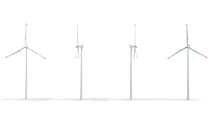 Wind Turbine set. Front, sides and back view. Renewable electric Energy industry. Windmill Isolated on white. 3D illustration.