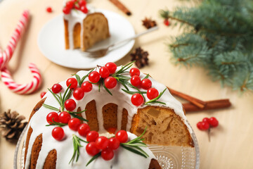 Delicious Christmas cake with cranberry on table, closeup