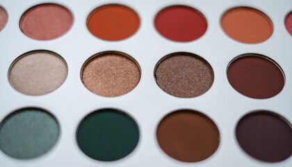 Selective focus of eyeshadow palette with various colors in pearly and matte closeup