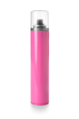 Pink bottle of hair spray on white background
