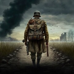 Lone Greman World War II Soldier Walking Away. Back View. Impactful Digital Painting. War Scene With Smoke, Explosions, Ruins.