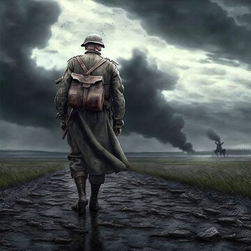 Lone Greman World War II Soldier Walking Away. Back View. Impactful Digital Painting. War Scene With Smoke, Explosions, Ruins.