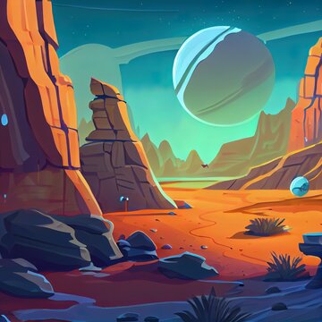 Illustration The Other planet's Environment. Realistic Cartoon Style. Sci Fi Scene Wallpaper Background Design.