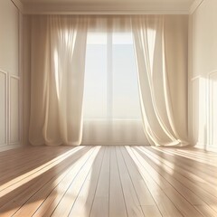 Realistic 3D render of beautiful sunlight and window frame shadow on beige blank wall, white sheer curtains blowing in the wind in an empty room. Shiny new wooden parquet floor. Background, Interior.
