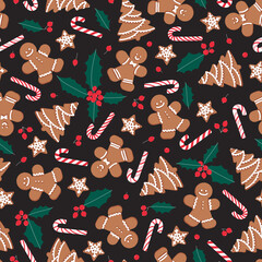 Gingerbread men, trees, stars with candy canes and holly leaves and berries on black background. Seamless vector pattern for new year's day. Christmas holidays, cooking, new year's eve background. - 547017849