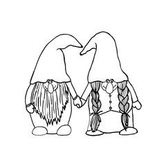 Two cute dwarfs are holding hands, hand-drawn in the style of doodles. Vector illustration for Valentine's Day lovers.