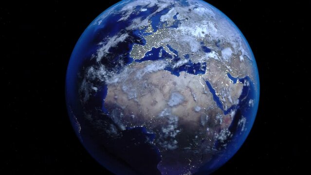 Zoom out of Europe EU Euro through clouds to see the Earth from space.