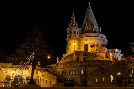 Night view of illuminated Fisherman's Bastion. Budapest, Hungary, Eastern Europe.
