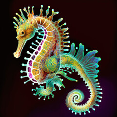  Luminous Colorful Seahorse Floating in the Deep Water
