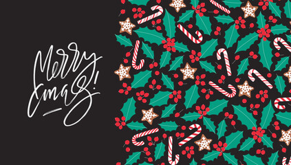 Merry Xmas greeting horizontal shape card. Marker written lettering with stylized holly leaves and berries. Vector background for christmas holidays.