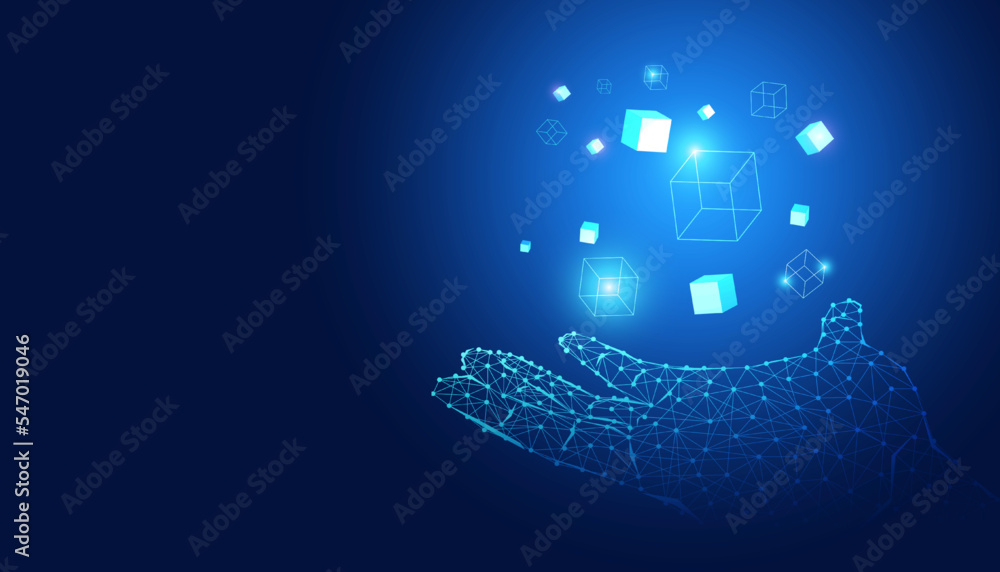 Poster abstract hand digital wireframe and box digital concept blockchain cryptocurrency on a blue backgrou
