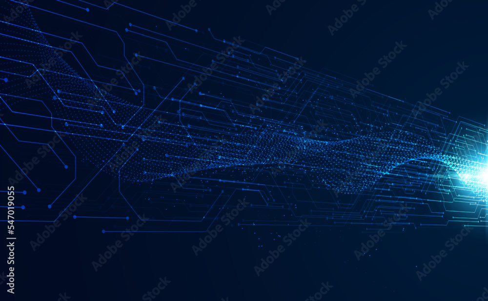 Poster abstract speed digital circuit board and wave particle futuristic future high speed motion on the bl