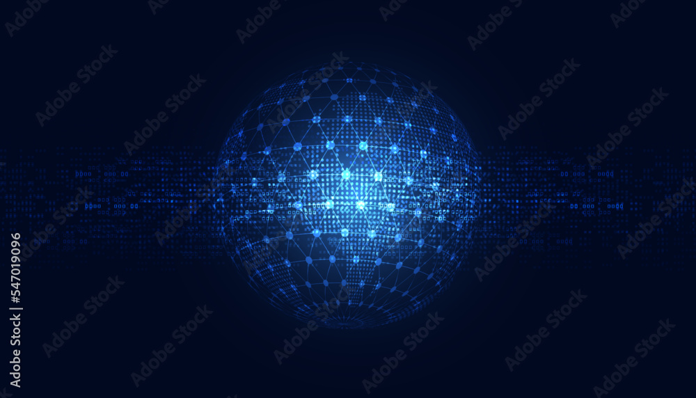 Poster abstract global dot network circle digital connection and communication futuristic on blue backgroun