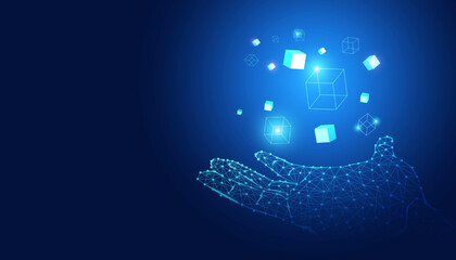 Abstract Hand Digital Wireframe and Box Digital Concept Blockchain Cryptocurrency On a blue background