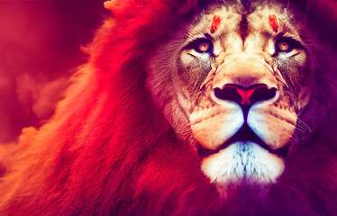 This close-up image of a male lion shows the animal's face covered in red powder, which has been used to give the animal a more modern and aesthetic look. 3D illustration.