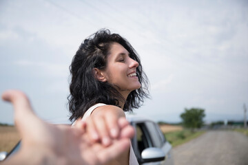 woman driving car. Vacation couple. Man and woman. Happy day. Love girl. 