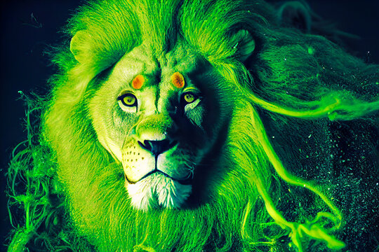 Close-up Of A Male Lion's Face, Covered In Green Powder. The Background Is Black, Showing How Modern And Stylish The Lion's Enhancement Look Is. 3D Illustration.