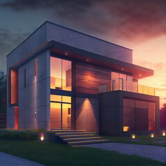 3D rendering of a modern house in the evening