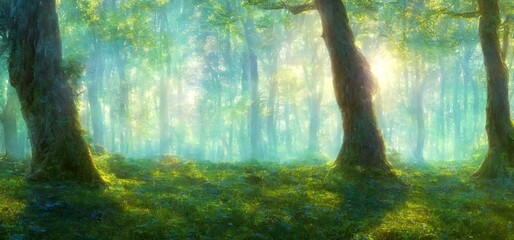 Forest With Trees And Grass, Phenomenal Representation Illustration Background Wallpaper. Cinematic Digital Concept Art Illustration. - obrazy, fototapety, plakaty