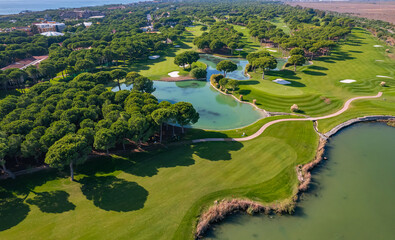 Beautiful manicured golf course of Turkey, aerial top view