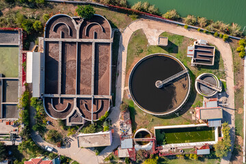 Purification facilities of modern wastewater treatment plant, aerial top view