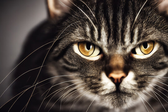 Close-up of a tabby cat with a psychopathic and killer look. With Wicked Eyes, this pet is ready to attack or conquer the world.