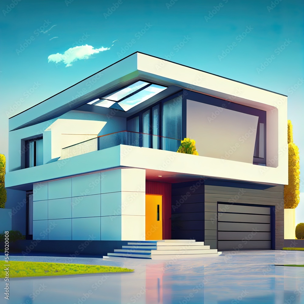 Poster 3d rendering of a modern house with a flat roof. elite architecture. house with an exploited roof