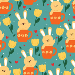 Obraz premium seamless pattern cartoon bunny and flowers. cute animal wallpaper for textile, gift wrap paper